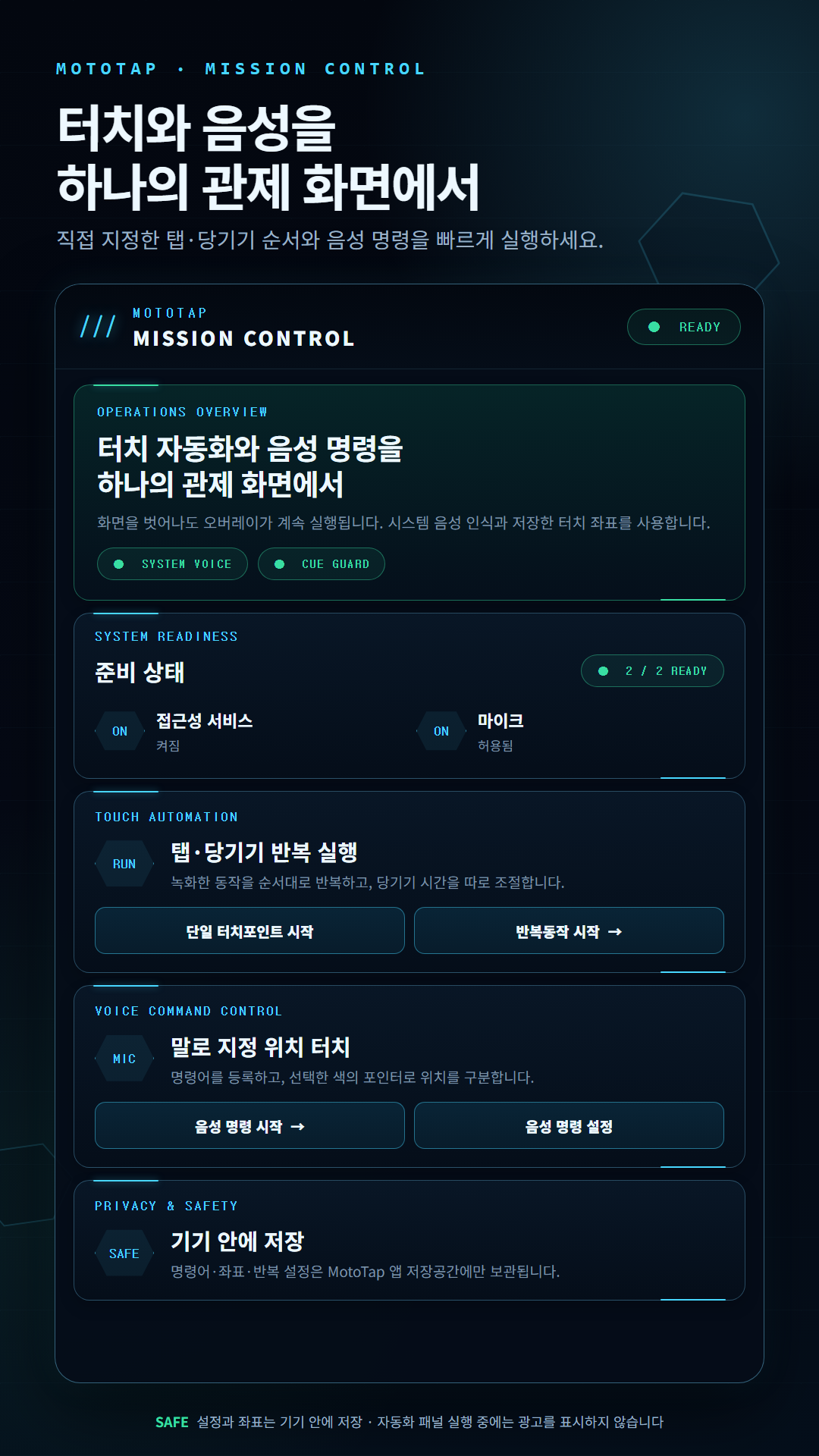 MotoTap의 터치 자동화와 음성 명령 제어 화면